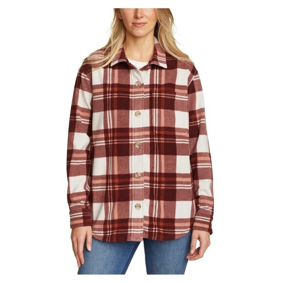 NWT Eddie Bauer Women's Microfleece Shirt Jacket Brown Check Size M $75 H313 - Picture 1 of 5